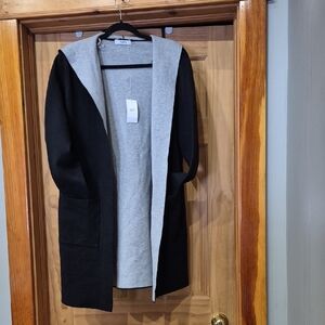 Suzy Shier Black Cardigan with Light Gray Hooded Lining